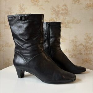 Vintage 90s y2k black leather square toe block heel zip buckle whimsigoth boots